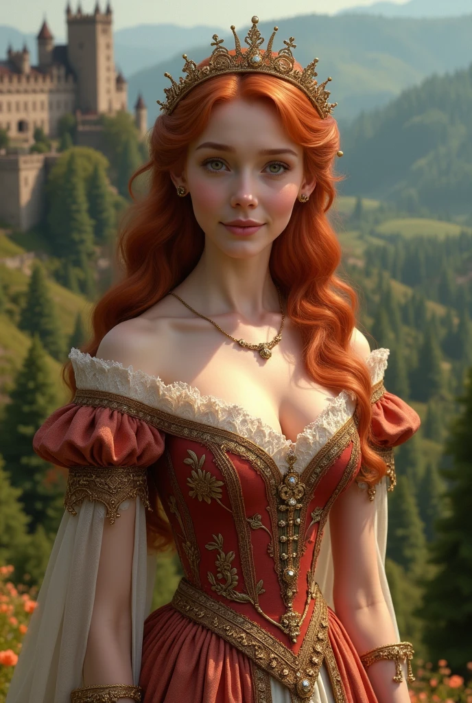 (score_9, score_8_up, score_7_up:1.1), score_6_up, score_5_up, score_4_up, source_cartoon, (semi-realistic disney cartoon, volumetric lighting:1.1), 1girl, royal garden, medieval castle, elegant green dress, off-shoulder dress, (shy smile:0.9), cute woman, petite, ginger, long hair, side view, upper body
