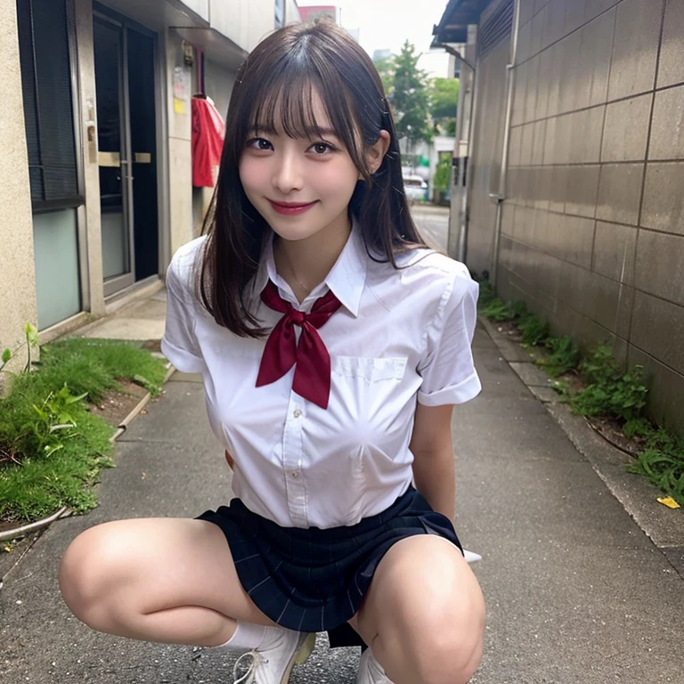 (Realistic, photo Realistic:1.2), ((Highest quality)), moving her center of gravity back, Embarrassing, White panties, (Showing panties:1.4),Tight Skirt, (Under the skirt:1.3), (Lift up your skirt:1.3), (squat:1.4), Put your heels on the ground, Spread your legs a little, 膝を上げてsquat, Put your butt on the ground, black penny loafers, Beautiful face details, Real human skin, Gentle expression, Front view, angle From below, Realistic, photoRealistic, cute, Very short skirt, squat deep on school grounds, school girl, Japanese school girl uniform, Sailor suit, whole body,Smile, Natural smile, Charming smile, Captivating smile, (View your viewers:1.2), from the front, From below,
