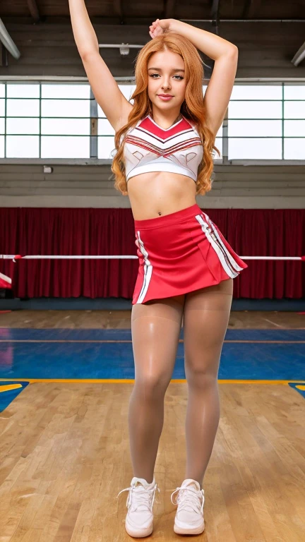 Photorealistic, 1 cheerleader with long dark wavy hair with bangs, bangs hair, she is opening her legs doing a split, toe touch, classic tan brown pantyhose, micro pleated cheer skirt, sheer pantyhose crotch, cheerleader uniform, 20 yrs old, (((vagina is visible through her brown sheer gloss pantyhose covered crotch))), cute bubble butt in pantyhose, legs are hyper extended outward, her hands grabbing her ankles spreading open legs in air, beautiful and looking right at the camera, photorealistic, vagina visible through shiny realistic tan brown pantyhose (reinforced toe tan pantyhose), (((doing a split))), pantyhose covered feet, sport stadium in background, cute pantyhose feet, basketball court, indoor stadium, UHD, photorealistic
