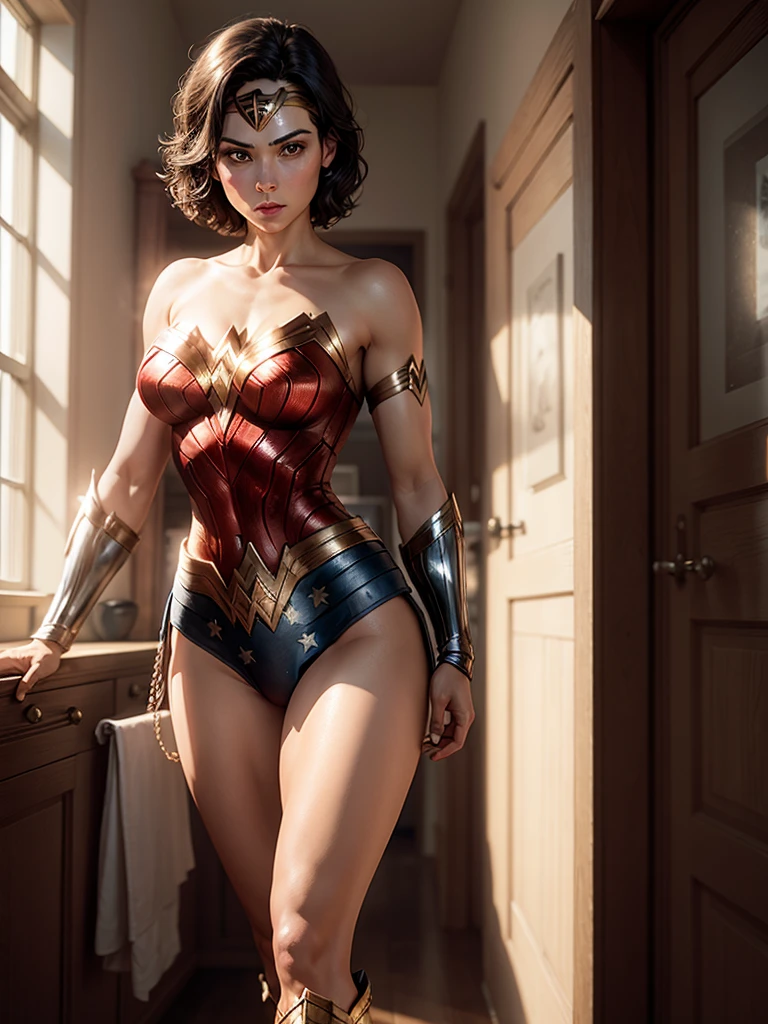 (((RAW, Best quality, high resolution:1.3, Masterpiece: 1.5))), Beautiful glasses malay woman as wonderwoman, Masterpiece, Perfect slim body, Beautiful big eyes, Soft smile, Short pixie cut hair style, Wearing wonderwoman costume. Strong pose, nobody can defeat him.