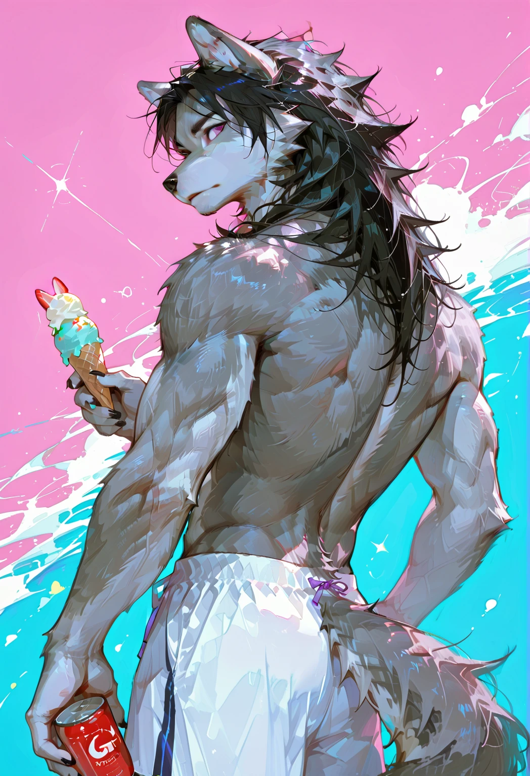 Half body, A beautiful Man, wavy black hair, brown eyes, cat ears and tail, fangs, horns, sexi, muscles , licking an ice cream, Fursona, lying down. with sensual pose  
