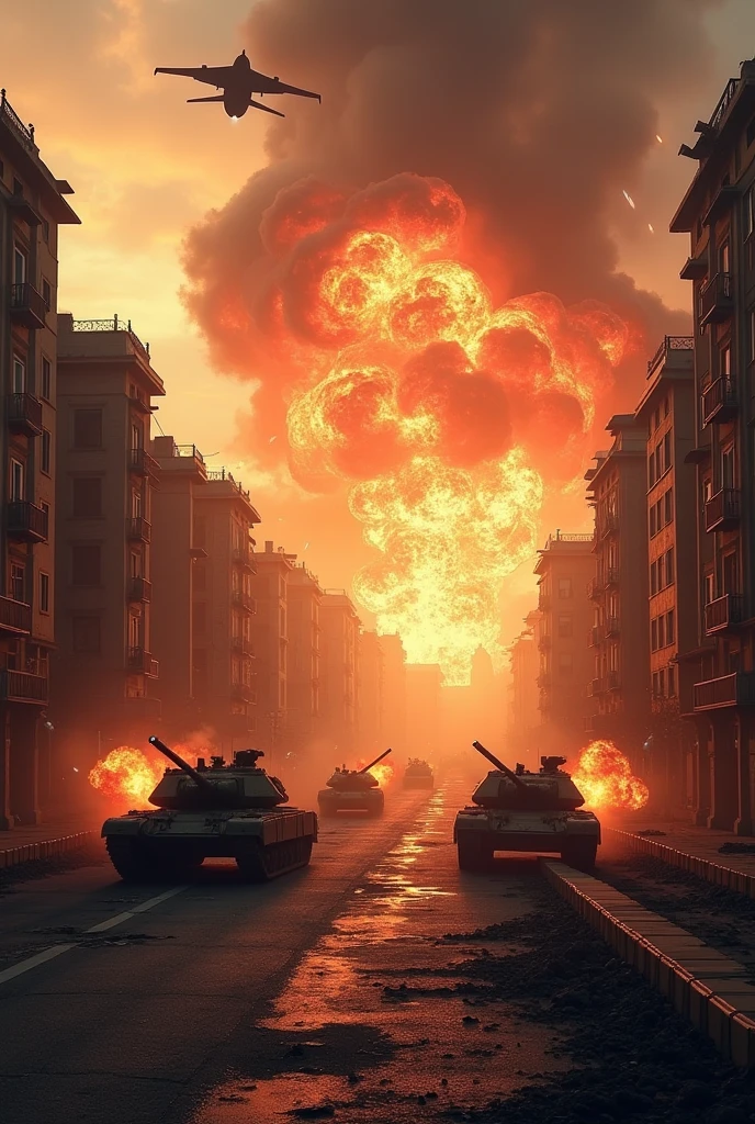 no people, devastated, Red Sky, explosions, bombs, fire smoke, fallen buildings, war wuins, fat man bomb, world war II, war tanks
