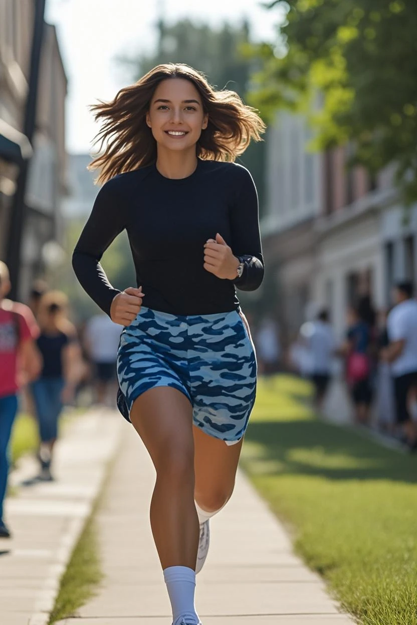 Beautiful 18-year-old woman with brown hair wearing attractive sportswear 