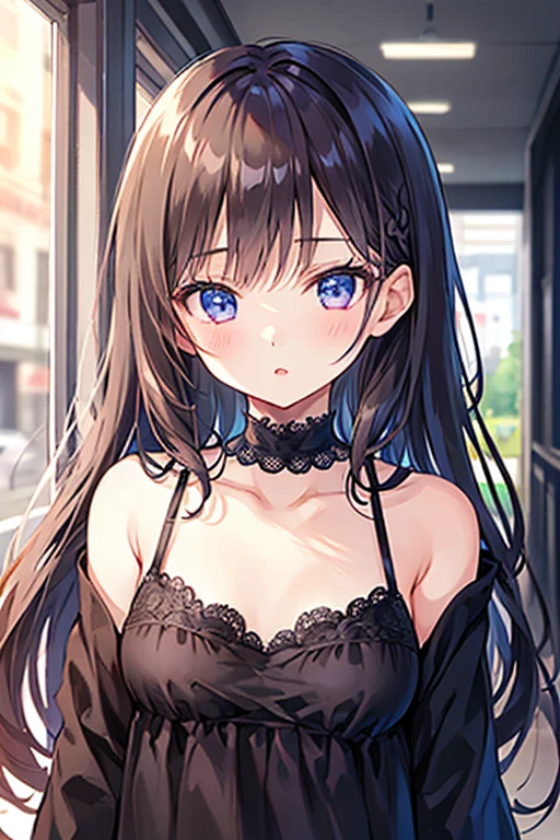 ((masterpiece, Highest quality, High resolution, 超High resolution, Pixel Perfect, Written boundary depth, 4K, RTTX10.0, High resolution))), One Girl, single, alone, Beautiful Anime, Beautiful art style, Anime characters, 24-years-old, ((Long Hair, bangs, Thick black hair, Curly Hair:1.2, hairpin)), ((Detailed face, blush:1.2)), ((Green Eyes:1.8, Glitter effect, Thin lashes)), ((Smooth texture:0.75, Realistic texture:0.5, Anime CG style)), ((Large Breasts, Cleavage:0.95)), Dynamic Angle, Big Breasts, Perfect body, ((close, throw, Portraiture, Hold your face)), ((White sweater, skirt:1.5, skirt folds, pleated skirt style, Silver Necklace)), ((visible Bra Straps, Bra Straps)), night, night lamp, Bokeh:1.4, (Outdoor, City Buildings, crowd), (Fashionable, Handbags)