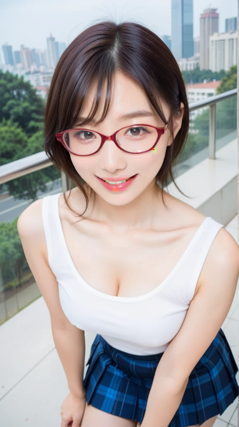 masutepiece, Best Quality, Illustration, Ultra-detailed, finely detail, hight resolution, 8K Wallpaper, Perfect dynamic composition, Beautiful detailed eyes, Natural Lip, Full body, Random Sexy Pose Girl Standing, Delicate images, beautiful Girl, Long Black Hair, Wavy hairstyle, Wearing glasses with red frames, Smile, Necklace, Temperament, Big breasts,Precincts of the shrine,fullbody image,