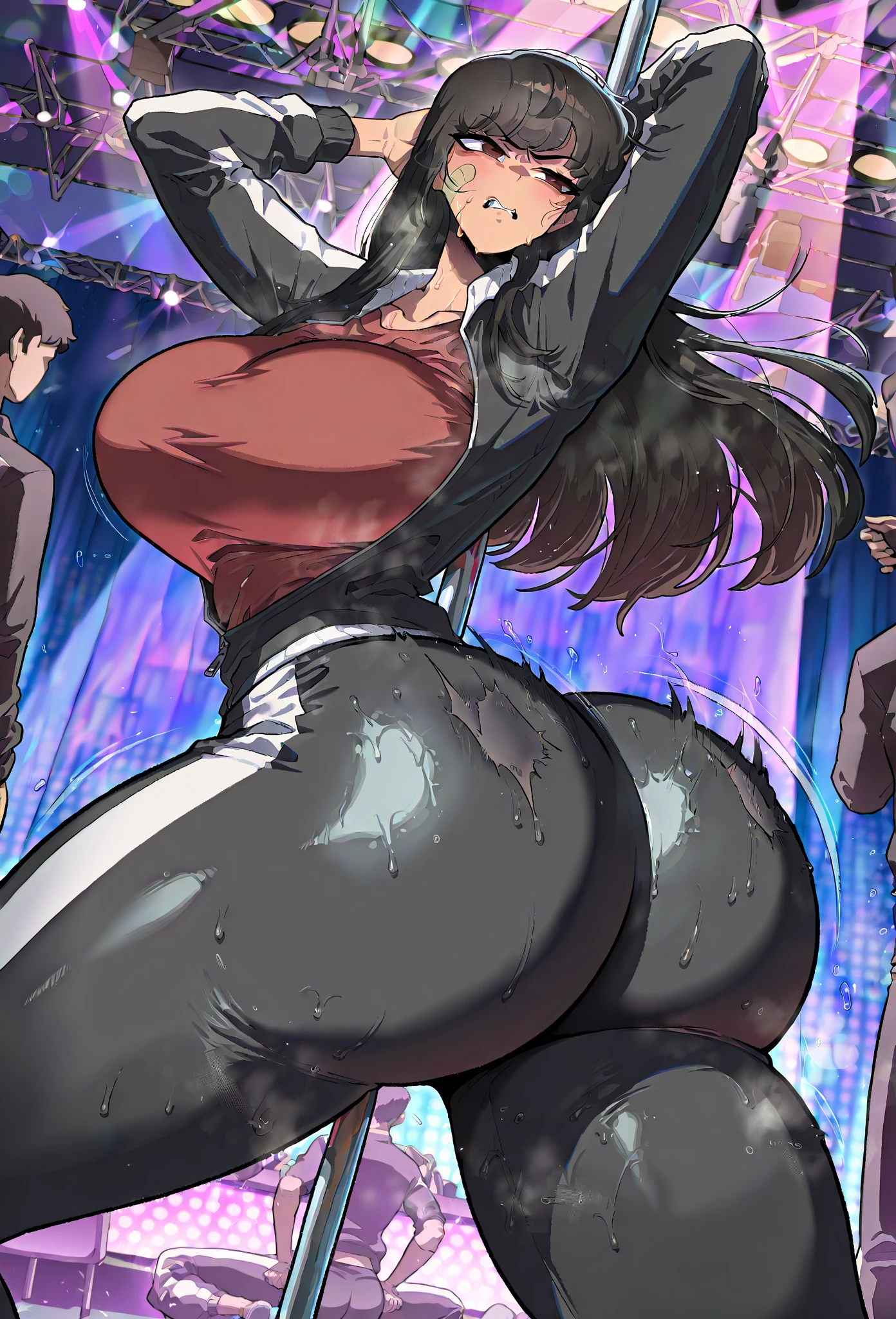 (Grin:1.6)、(In 4K)、(High resolution:1.2)、(High freshness)、(Huge fake breasts:1.6)、(Huge breasts:1.4)、 (激しい動きのあるHuge breasts:1.6)、(Orange eyes)、((Tight, small, thin school uniform:1.6))、(Perfect body:1.8)、Wide Hips, Thick thighs, (Huge Ass:1.6)、(barefoot:1.2)、(Great abs:1.4)、(Tight waist:1.4)、(Dark Skin:1.9)、(Two women posing in a dynamic pose:1.6)、(School corridor:1.4)、Dynamic Angle