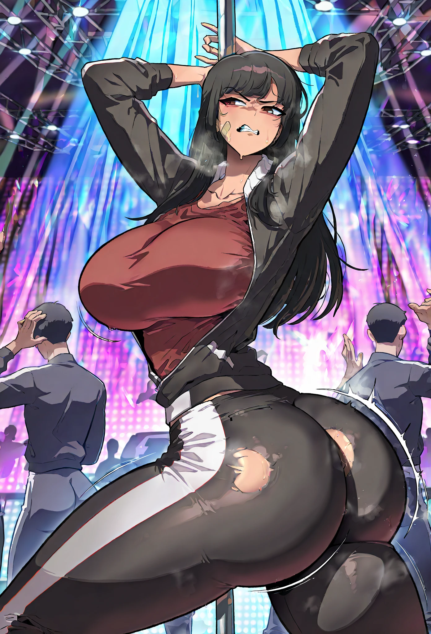 (vulgar),Japan,,Sweaty skin,having an orgasm,vaginal secretions,vulgar disco club ,fellatio,sucking a penis, cum,vulgar kneeling pose,crowd,mature seductive woman,solo, black wavy hair, insane eyes,curvy body.sideshot,(denim pants,sleeveless blouse),pov