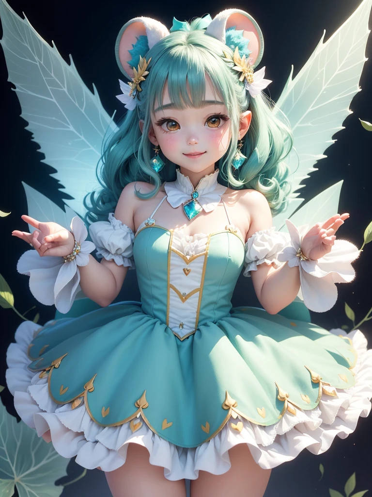 cute little Fairy, blue butterfly, yellowgreen hair, pink eyes,  yellowgreen dress pointy ears dress made of petals leaves forward leaning posture leaf fairy flower clothes made of leaves thin wings gently smiling big leaf