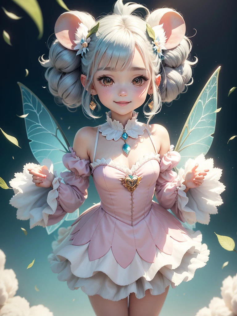 Super mini size、eye々crisp、One eye is green、the other eye is brown.、length, Curled eyelashes、Hair is silver、Raccoon Ears、Wearing fluttery clothing、Beautiful fairy、Red background