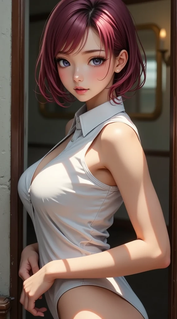 ((Anatomically correct hand:1.5)), Anime, Sexy, ((The costume is made of metal:1.5)), ((In Kyoto Animation Style:1.5)), super precision, masterpiece, very extremely beautiful, Princess Face, ((1人の女性)), ((Solo:1.5)), ((Pink hair:1.5)), ((BobKat 1.5)), BREAK, ((Black eyes)), short-cut, ((Straight hair)), BREAK, Full limbs,((complete fingers:1.5)), ((NSFW)), ((silver halter neck:1.5)), BREAK, ((Skindentation)), Professional Lighting, (25-years old), Narrow waist, Shiny skin Dark skin, ((Oiled skin)), glistning skin, Looking at Viewer, Cowboy Shot, ((Dynamic Pose:1.5)), is looking at the camera, inside in room, Sexy, A slight smil, Slightly open mouth, ((Cute)), ((Arms behind your back:1.5)), Ultra-fine eyes, Ultra-fine face, ((thin lips:1.5)), Sexy, ((drooping eyes)), A slight smil, Sexy, ((portlate:1.5)), faces, Sexy, Looking at the camera, Sexy, ((The costume is made of metal:1.5)), ((Squatting:1.5)), Sexy, ((kawaii faces:1.5)), large full breasts, shiny pantyhose, Dark background, ((Black pleated skirt:1.5)), frombelow,