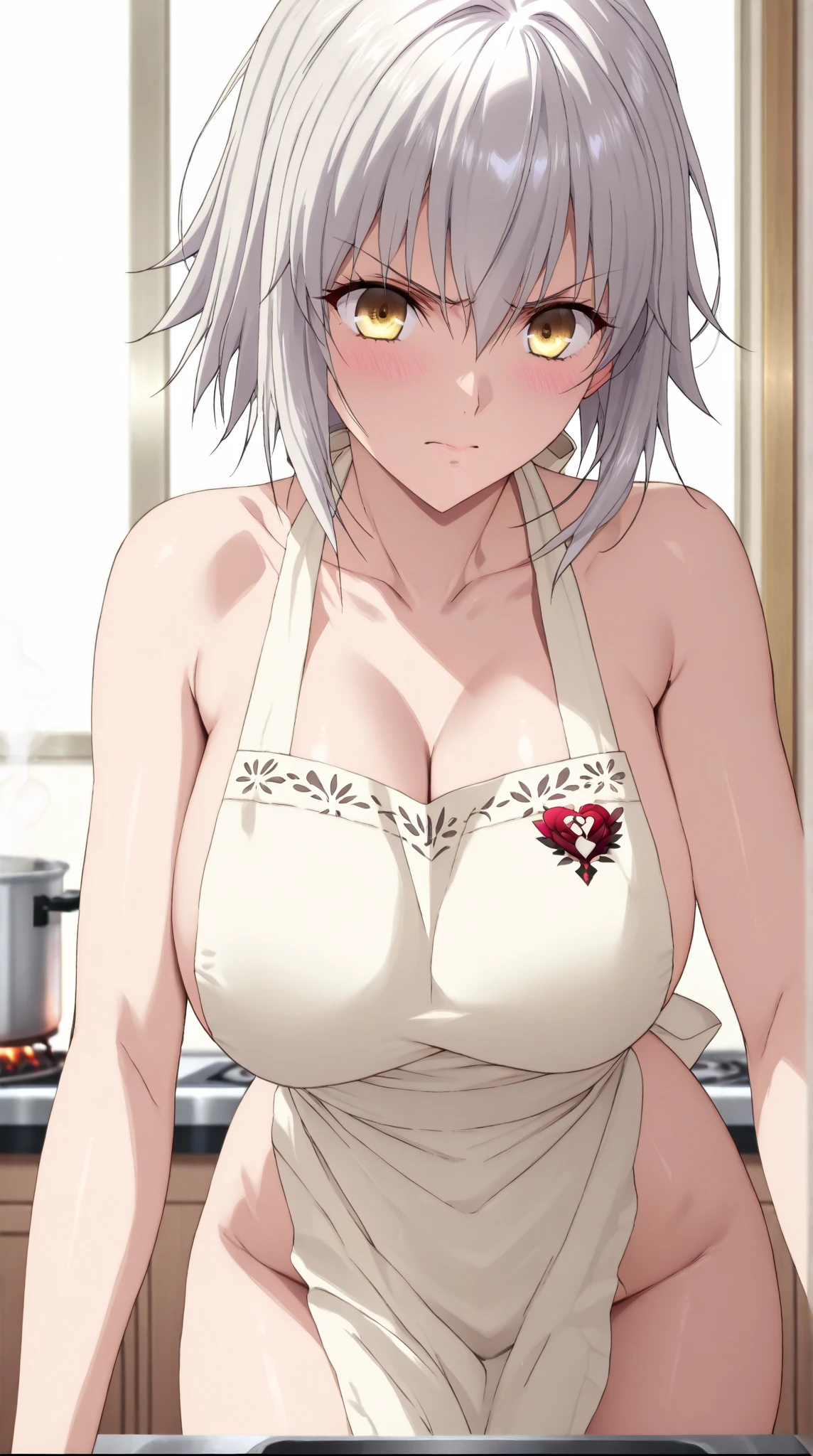 ultra high definition, precise, masterpiece, anatomically correct, textured skin, Super details, best quality, 16K, 1080P,alone,(1 female,Perfect body,Big European style, white short hair),(blue eyes，Red X-shaped pupils:1.9),(Wearing a nude apron:1.7)(perspective),(sweaty skin:1.7),(wearing white:1.7),(open:1.7),(Full of blush:1.7),(in the kitchen),(Genshin Impact/arlecchino),[Detailed face]
