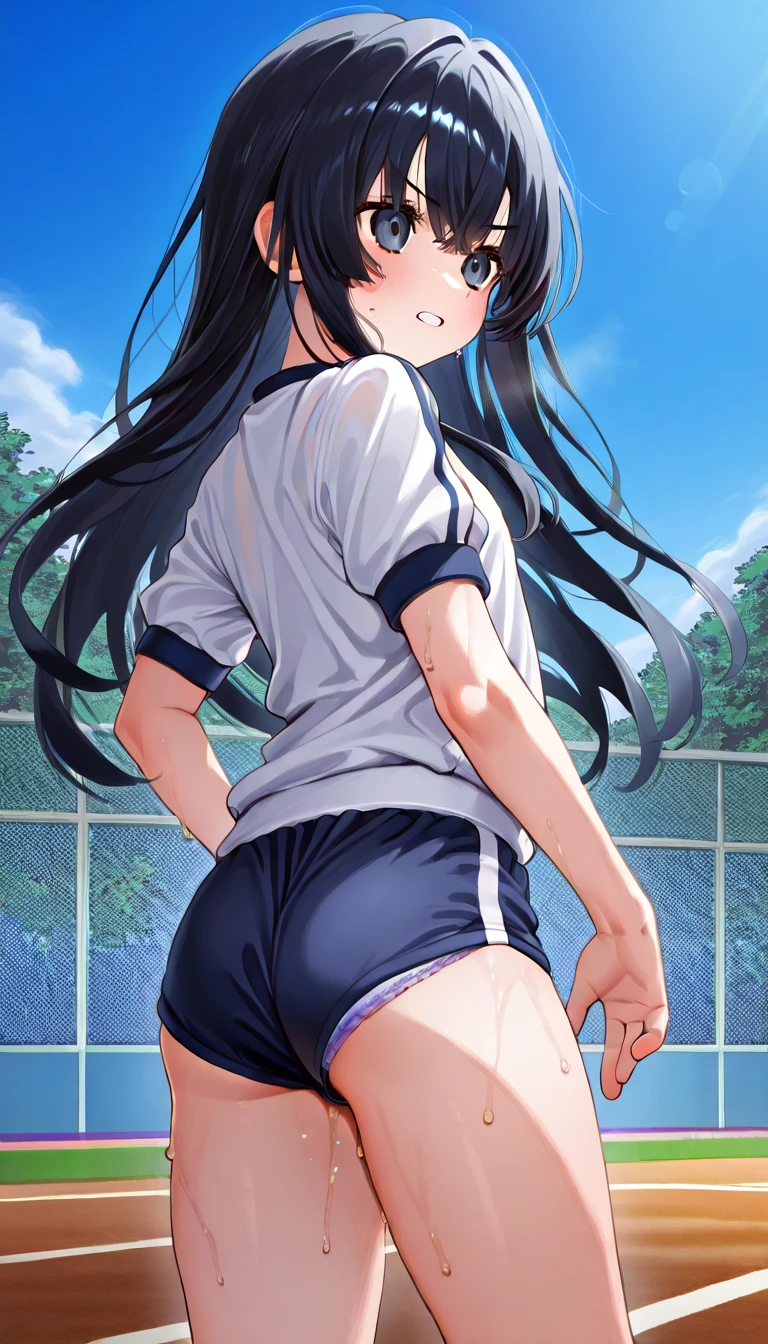 Tennis Wear、Nipples、navy polo shirt、Black Hair、Twin tails、ribbon、White pleated skirt、blush、Lift your shirt、Her skirt is flipped up、Lace panties、Short socks、Tennis shoes、{front、From below、Multiple Views}