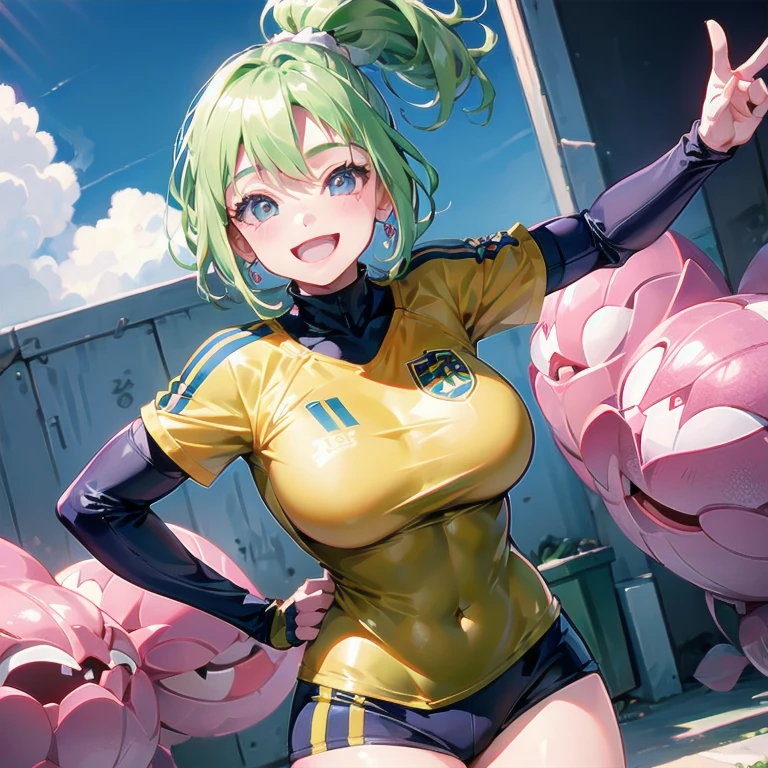Beautiful girl, short green hair, blue eyes, ball earrings, orange shirt, blue skirt, combat clothing, slim waist, big breasts, tempting