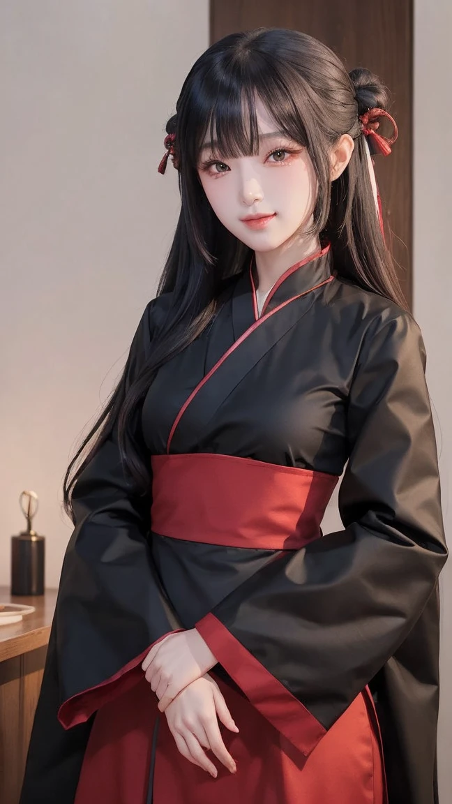 masterpiece, best quality, 1girl, solo,
long hair,black
looking at viewer,
smile, bangs, hair ornament,
red eyes,
red chinese warrior, black armor
long sleeves, y dress, standing, collarbone,
sexlternate costume, wide sleeves, tree,
sexy mo chinese clothes,
hairpin,
hanfu,