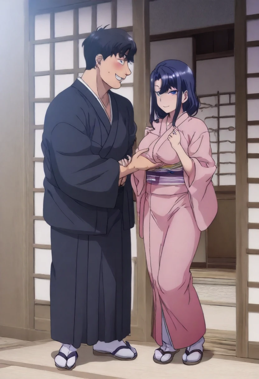 ,1 girl, 1 boy (yushiro, vertically shaded from a dull and light green to black hair, lavender purple eyes), professional photo , ,  
 Physics, Strong single leg, Tension, Tension for sports , Science, Tension for sports ,Wall Splits, Wall Stand,  One leg up and down, from left to right, standing sex, vaginal, vagina HD, 8K, black hair, purple hair, flower kimono, anime style, demon slayer art style
