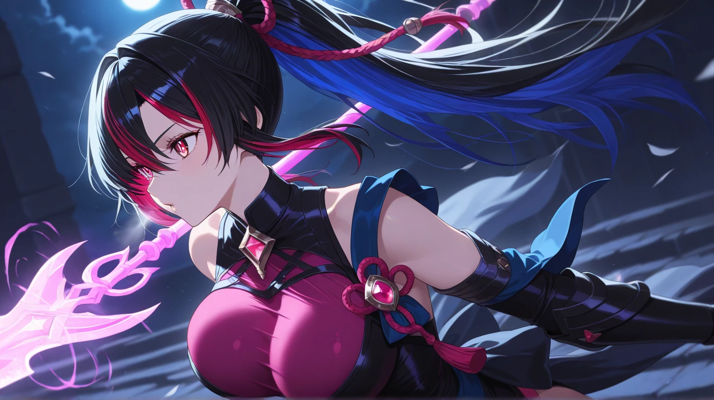 1girl, solo, long hair, underwear, breasts, bra, looking at viewer, black hair, fishnets, panties, sitting, thighhighs, blue eyes, rabbit ears, animal ears, collarbone, puffy sleeves, navel, parted lips, detached sleeves, bare shoulders, white background, choker, striped, fake animal ears, short sleeves, cleavage, very long hair, hair bow, puffy short sleeves, simple background, ponytail, bow, fishnet thighhighs, bangs, rabbit tail, frills, arm support, red choker, medium breasts, tail, frilled panties, stomach, frilled bra, blush, red bra, lingerie, black footwear, wrist cuffs, high heels