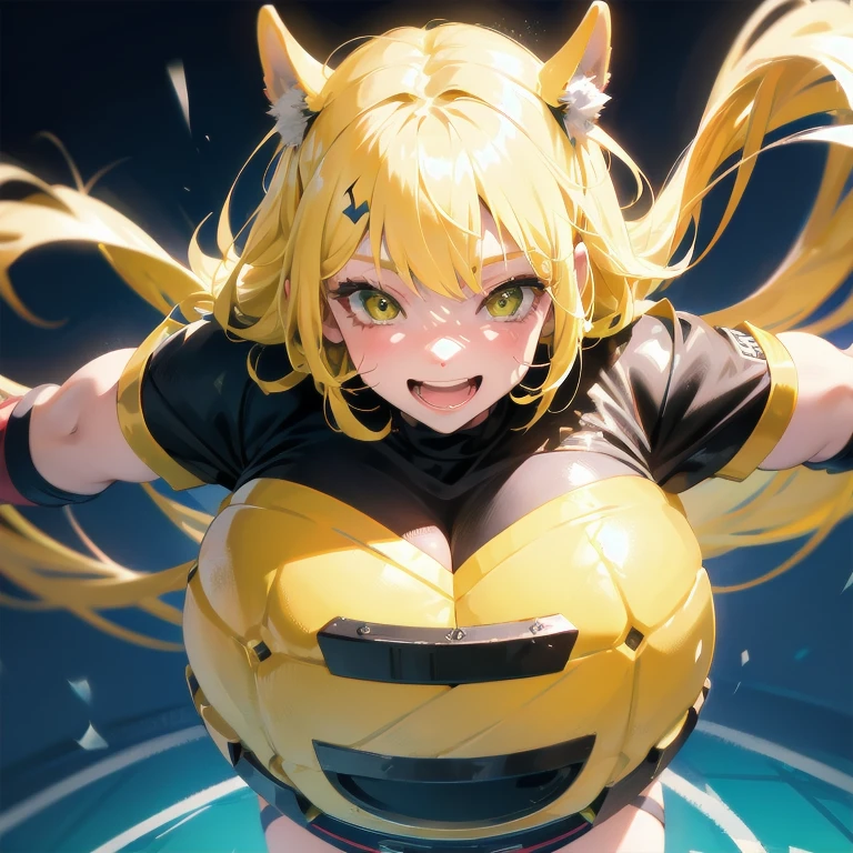 pokemoncynthia, blonde hair, hair ornament, hair over one eye, long hair, (yellow eyes:1.5), (sensitive smile:1.2), (full tight latex bodysuit),looking at viewer, (Upper body:1.1),(Look at the front:1.1), indoor hall,((masterpiece)),((best quality)), high resolution,8k UHD,(beautiful detailed eyes:1.5), extremely detailed face,ultra detailed,perfect anatomy,arms behind back,((solo)),((1 girl)),(large breasts:1.5),perfect image,slim waist,
