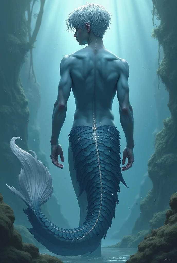 Homme poisson, avec des nageoires sur son corps, avec des écailles nacrés, Oreilles d'elf en forme de nageoire, nageoire caudale et dorsale visible, avec des jambes,