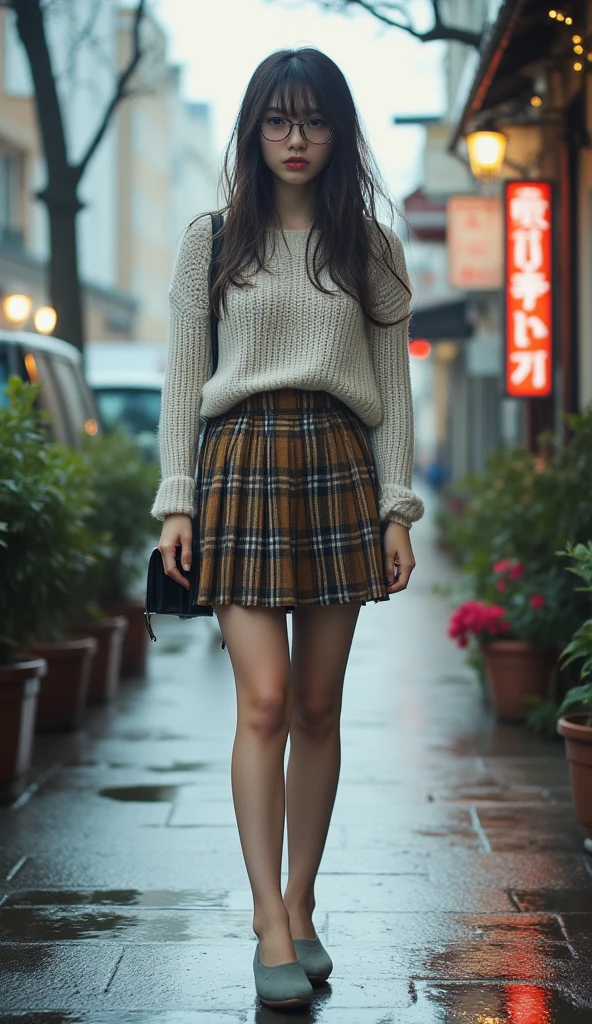 instagram style, from above upper body photo of Azerbaijani woman, mature, Hands in pockets, Gold-colored Knit sweater, plaid skirt, and knee-high boots, pendulous boobs, Layered curls haircut, Ginger haircolor, Hourglass-Plus-Athletic body shape, golden hour lighting, lens flare