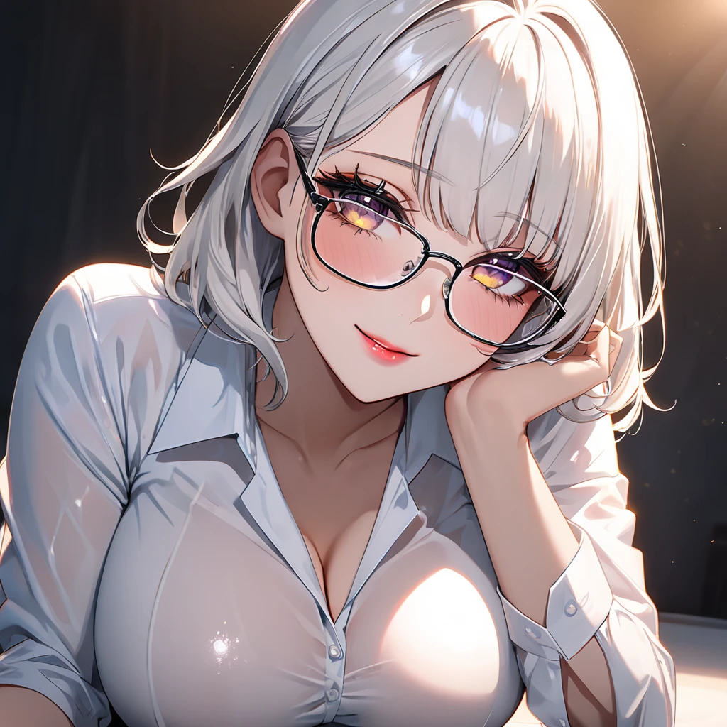 Sweet expression, Kneel down, Put your hands on, White glasses, White short hair, (8K, RAW photos, Reality:1.25) ,( Lip Gloss, eyelash, Shiny face, Smooth skin, best quality, Ultra-high resolution, Depth of Field, Chromatic Aberration, Caustics, Wide-angle light, Natural shadows, Korean Idol) Looking at the audience with calmness and goddess-like happiness, whole body, Large Breasts, White lingerie, black, Transparent shirt, White shirt, secretary
