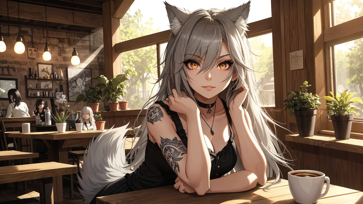  Woman with long loose semi wavy white hair sitting on a bed with her legs crossed with golden eyes, dressed in a red bra and loose jeans holding a black jackal in her arms lying on her back with its paws up, on the girl&#39;s face in anime style