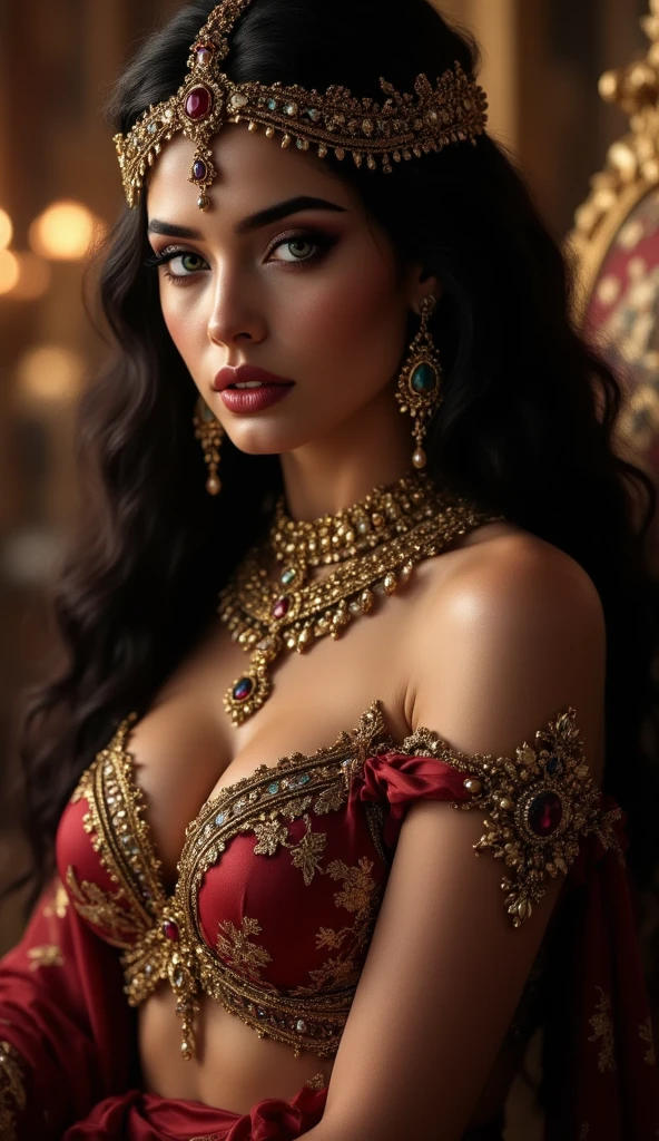 Schedule ))Hollywood style concept art, hair ornaments, necklace, navel, Sultan's Consort Dress, air, fine details, Foam construction made of chiffon and lace,Red, black, gold, Mature woman looking at the viewer, Flirtatious flirtation, Evening Colors, Splash of Sun , Details in Arabic fairy tale style,((bedroom)),Aesthetically pleasing, Beautiful, Realistic, Professional photos, High Resolution, high detail, Hyper -Realistic portrait, UHD32K, majestic figures, medieval style