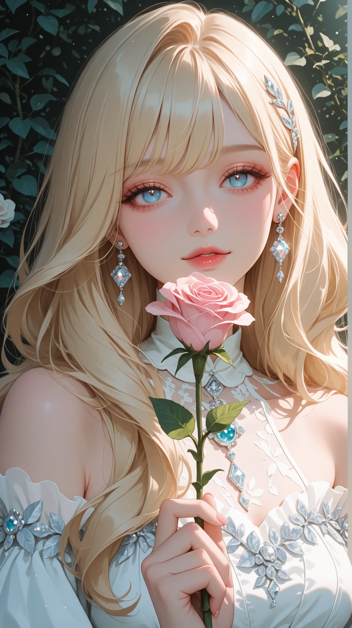 “A beautiful anime-style girl with long wavy blonde hair and bright blue eyes, gently holding a pink rose close to her face. She is wearing an off-shoulder white dress with ruffles and floral details, and elegant diamond-shaped earrings. The background features a soft-focus garden with blooming roses and sunlight filtering through the trees. Romantic and serene atmosphere, high-detail, soft lighting, pastel color palette.”