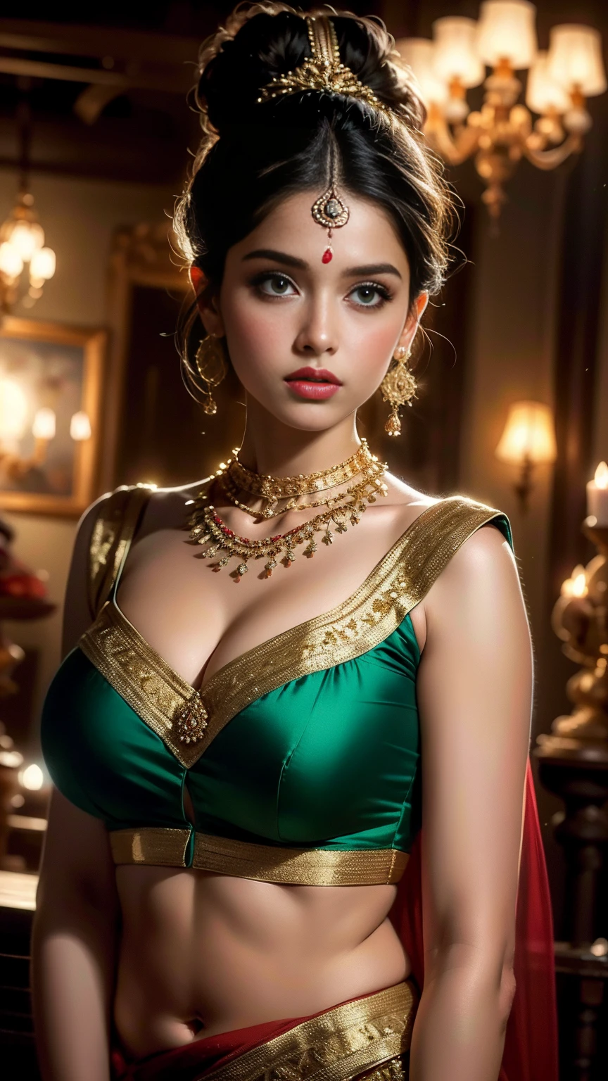 Title: "Radiant Reverie: A Portrait of Indian Elegance"
Description:
Step into a world of mesmerizing beauty as you behold this enchanting artwork, where an Indian girl graces the scene in all her splendor, adorned in a captivating Indian outfit that exudes grace and magnificence. Draped in a full, long dress that cascades around her perfect body shape, she becomes a vision of captivating allure against a backdrop of a romantic and ethereal setting.
Her beautiful face, adorned with delicate features, captivates the viewer with its timeless elegance. The warm glow of her complexion, accentuated by her radiant white skin, illuminates her presence. Her eyes, like deep pools of enchantment, hold a mesmerizing depth and sparkle with a captivating allure that draws you into their embrace.
Dressed in a meticulously crafted Indian outfit, she embodies the essence of Indian elegance. The intricate details of her dress, from the delicate embroidery to the flowing layers of fabric, evoke a sense of grandeur and refinement. The rich hues and intricate patterns of her attire celebrate the artistic heritage of India, transporting you to a world of opulence and cultural richness.
Set against a romantic background, the scene becomes a tapestry of dreamlike beauty. Soft hues of warm colors bathe the surroundings, casting a gentle glow upon the girl's luminous skin. The setting, adorned with floral gardens, ancient architecture, or a serene natural landscape, creates an atmosphere of love, tranquility, and timeless romance.
The artist's skillful brushstrokes breathe life into the composition, capturing the essence of the girl's captivating presence. Each stroke reflects the delicate features of her face, the radiance of her skin, and the intricate details of her Indian dress. The result is a masterpiece that celebrates the beauty and allure of Indian elegance.
Prepare to be captivated by the radiant reverie that emanates from this artwork, where every element converges to creat