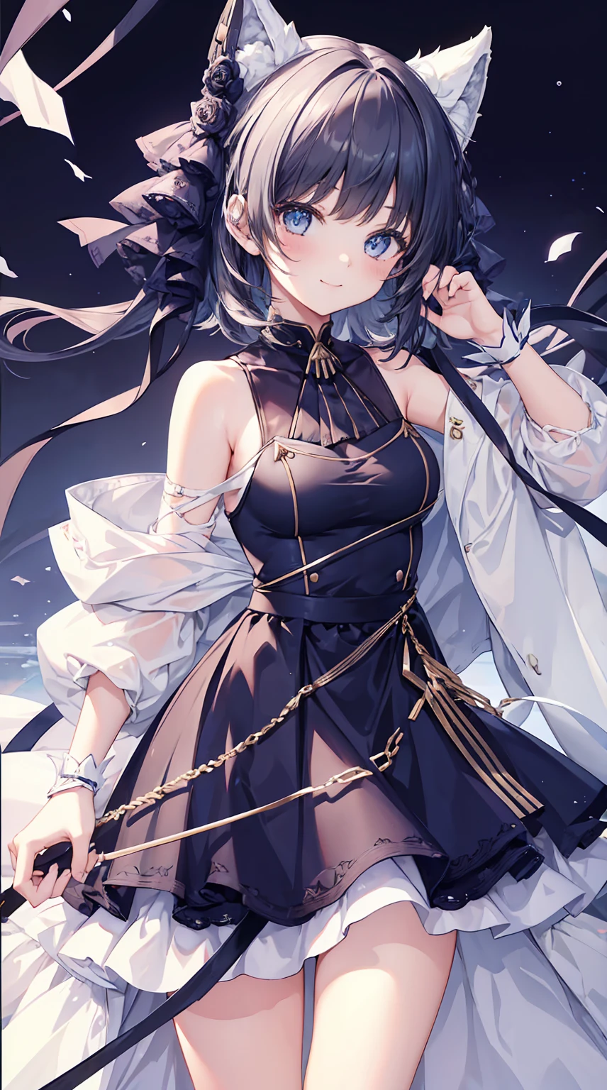 Highest quality Animal ears Black or blue hair Short hair　Blue eyes, medieval-esque outfit 　Less exposure　Cute in parentheses, 7-headed 　Small breasts　White background　No background　front　Character portrait　 Horizontal 2000px or less x Vertical 4000px or less　 350dpi
