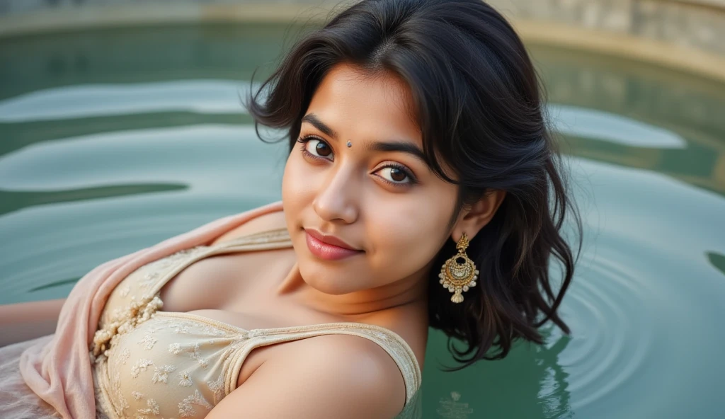 from top view, extreme close up photo of goddess Nivetha thomas tasting a big penis, swooping breasts, sultry smile, ponytail, red lips, HD, 4k, ultra high quality, (cinematic:1.3), intricate details, (ArtStation:1.2),big chest, nipples