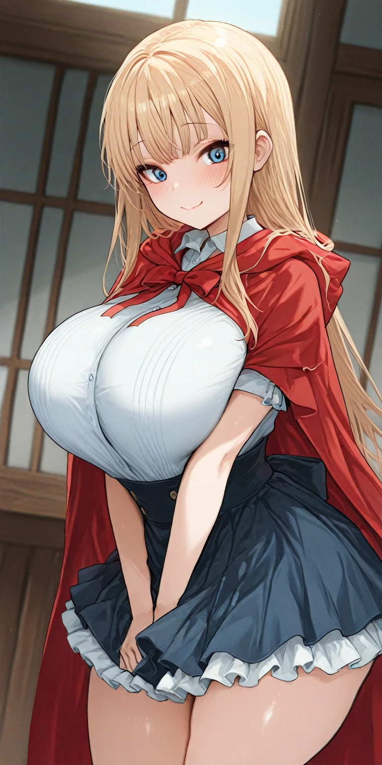 ,1girl, pov, 1boy, paizuri, penis between the breasts, breasts squeeze together, naughty, , little red riding hood, fantasy adventure, Isekai, comedy hentai, cleavage, hilarious reaction comedy, pubic hair, forest, motion effects motion lines, sweaty, lubricated breasts, hilarious face