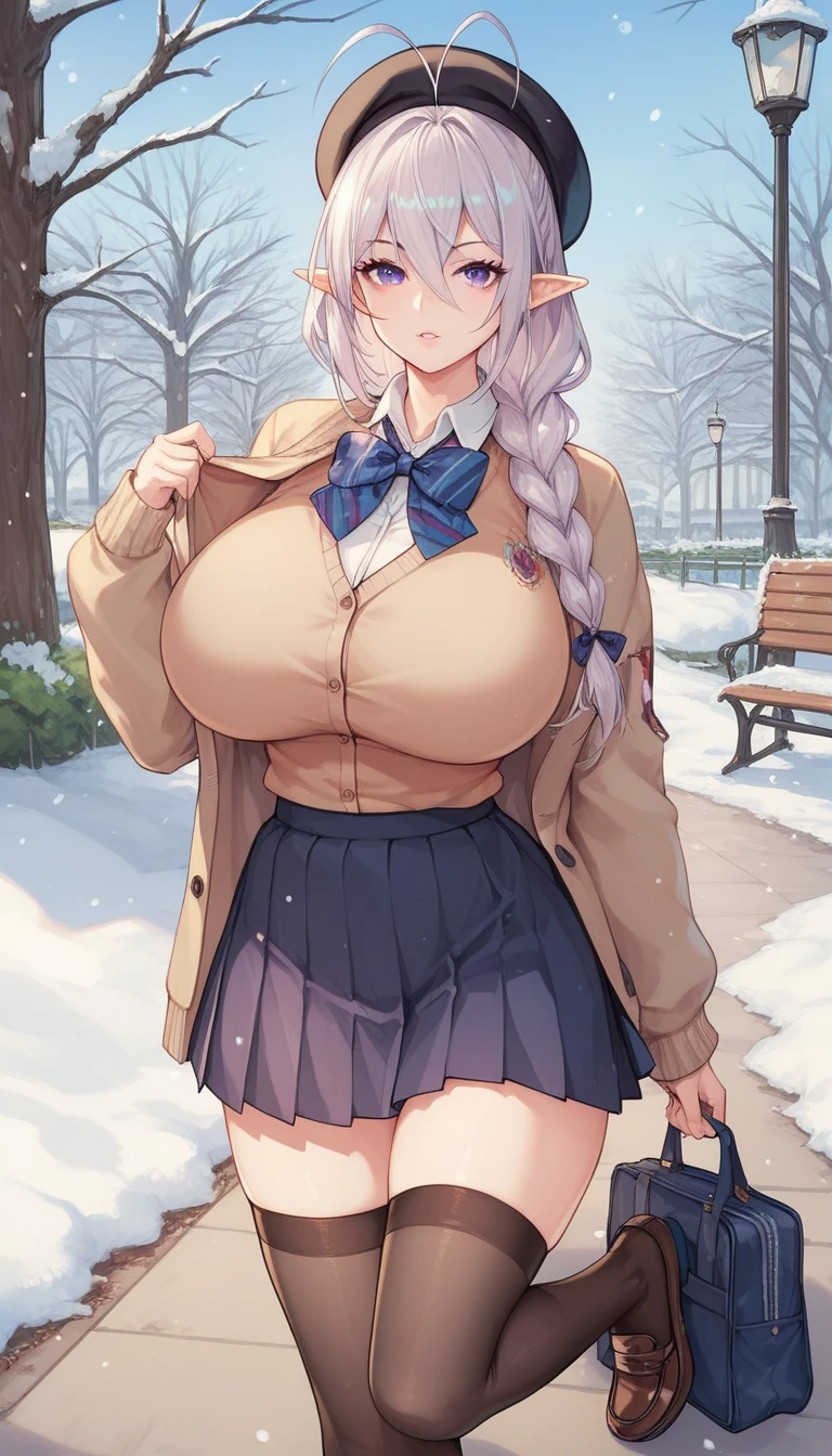 woman, ((Masterpiece, best quality)), full body view, sexy, bursting huge breasts, detailed skin, Anna from Frozen clothes, highly detailed, cinematic lighting, ultra realistic, blush, looking at viewer,  anna, anna from frozen, princess, disney, brown hair, long hair, portrait, outdoor, snow,  cleavage,  large breasts,  wide hips, full body view, tall, 
skirt, miniskirt, microskirt, pleated skirt, thighs,