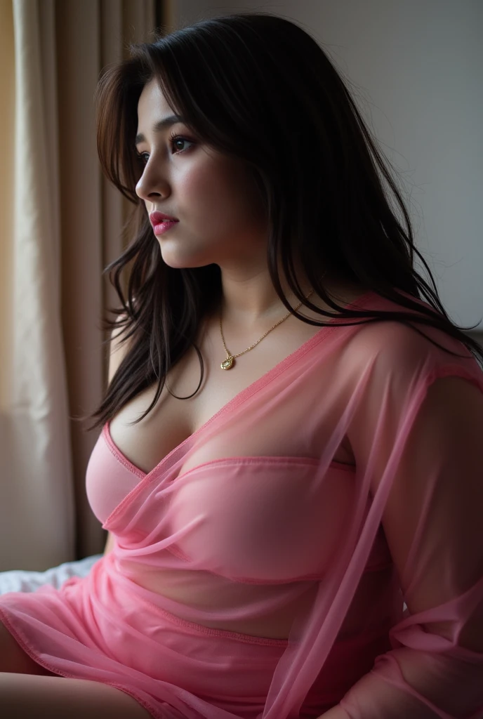Indian busty gorgeously prettiest lady(face lookinlike Indian actress(beautiful face, beautiful nose, beautiful eyes, beautiful lips, beautiful navel,very large gigantic breasts,)) wearing saree(Indian traditional) . She is opening her blouse buttons, her huge large gigantic  beautiful breasts Coming out of her blouse but she is very shy. She is giving intimate look. Her she is showcasing her deep huge cleavage of huge saggy breasts lying on bed sleeping. Real skin texture. Real clothes, She is real Indian housewife, Full body photo, full picture. Her facial details are exceptionally perfect realistic. She is smiling softly. Her lips are perfectly crafted. Very shy sexy mother lying on side on bed. Shebhas voluptuous breasts. Mother is getting aroused by sexual intimacy. She is giving sexy pose. Her natural large breasts are so beautiful. 
