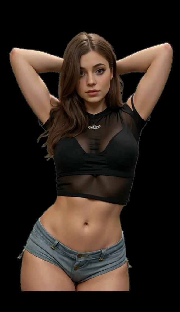Photo of Chloe Bennet, Modeling in front of a black background, Photo Studio, cleavage, Black tube top, jeans