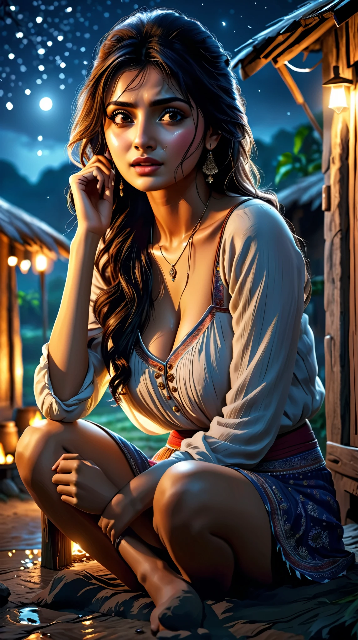 Dynamic photo of a young, sexy, gorgeous, beautiful girl(aiswarya Rai) face photo, sitting and crying outside of a hut, at a village, at night time, realistic cinematic style, 4k ultra HD quality in 3D, Super Detailed,