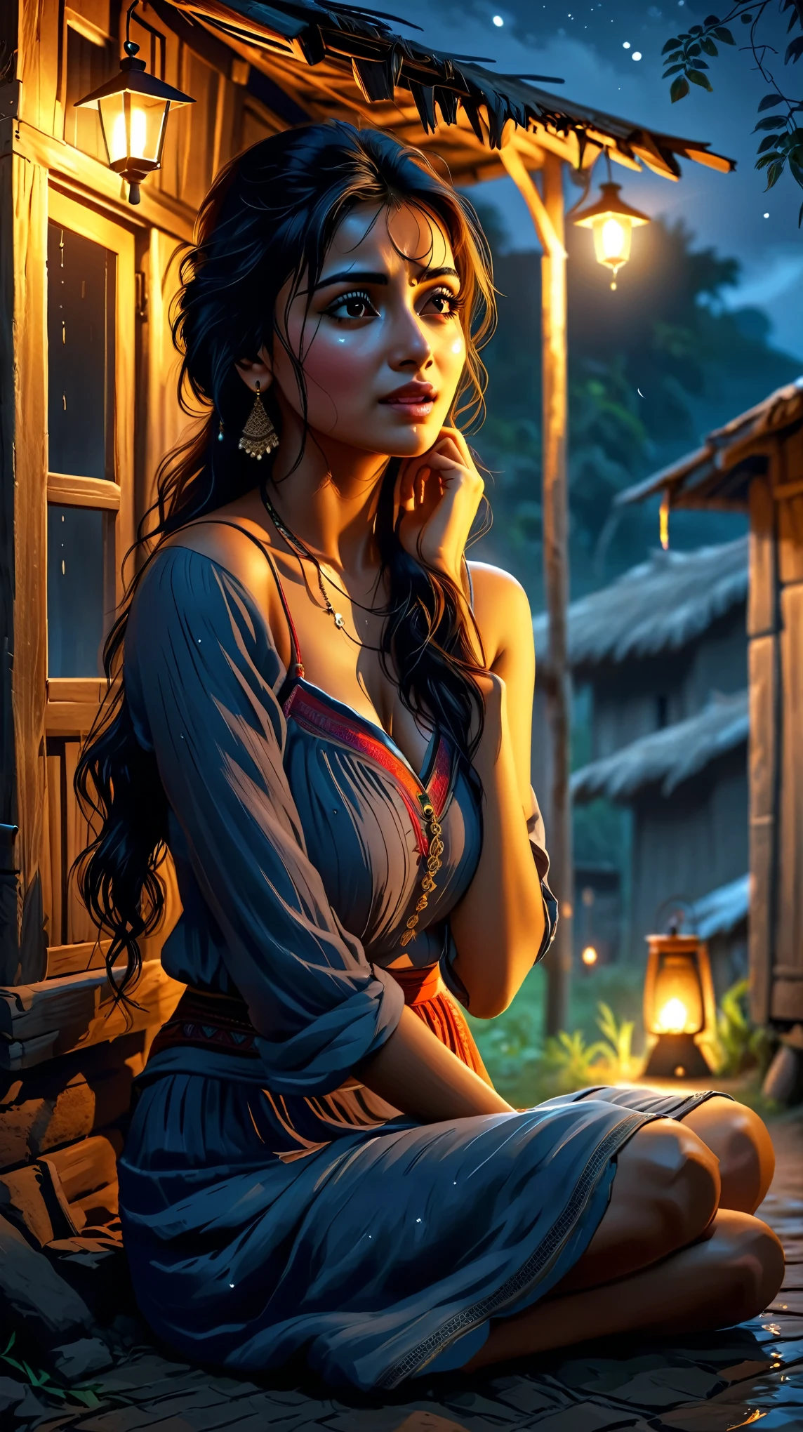 Dynamic photo of a young, sexy, gorgeous, beautiful girl(aiswarya Rai) face photo, sitting and crying outside of a hut, at a village, at night time, realistic cinematic style, 4k ultra HD quality in 3D, Cinematic, Masterpiece