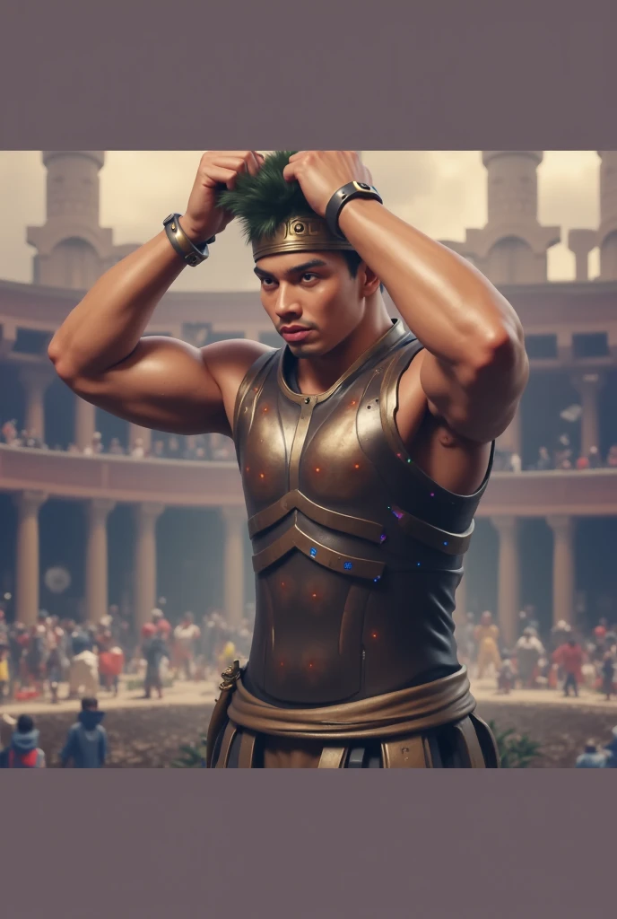 (masterpiece)+, (best quality)+, (intricate detail)+, rishi sunak as a roman gladiator in the arena, lens flare, camera artefacts, dust, rayleigh scattering, motion blur, slow shutter speed
