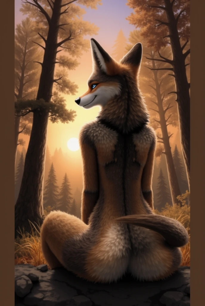 (by ozoneserpent:1.3, by Kenket:1.4, by the-minuscule-task:1.2, by zummeng:1.1):1.3, (anthro coyote, woman, featureless breasts, antrum, extremely detailed, extremely detailed legs, extremely detailed arms, extremely detailed face, perfectly detailed eyes, perfectly detailed anatomy):1.2, solo, perspective, adult, mature body, large body, curved thighs, gorgeous hips, curvature, (cute coyote tail:1.2), (coyote ears, coyote fur, anthro face, coyote nose), smiling, mouth open, thick fur, dark orange multicolored fur, shiny fur, au natural, half-closed eyes, lewd expression, looking lewdly at you, looking back towards you, ass focus, rear view, gyatt, below perspective, back shot, showing off to you, on knees, full body shot, sitting, deep in the woods, being lewd, beautiful grey eyes, outdoor setting, twilight, romantic setting, sunset, fall time, mist, sun rays filtered through trees, beautiful colored sky, painterly, vibrant colors, ambient lighting, traditional style, depth of field, five fingers, coyote claws, coyote paws,