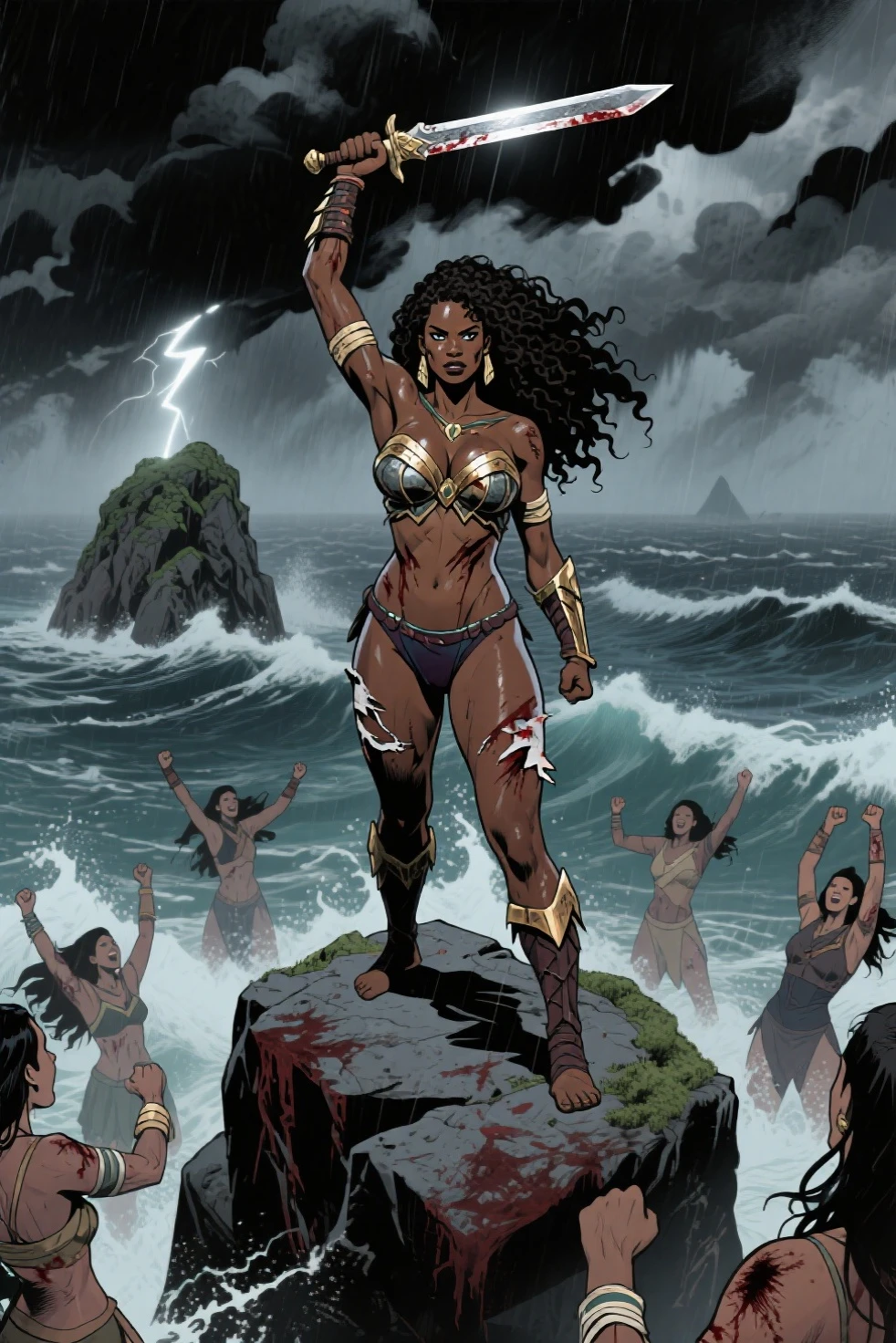 (NSFW)Bêlit, a rainha da costa negra,Uma mulher shemita, rica cabeleira negra, As dark as a stygian night, caiu em cachos ondulados brilhantes sobre suas costas macias, olhos negros, Delgado, mas parecida com uma deusa,ao mesmo tempo, malleable and voluptuous, The only outfit he wore was a wide sash, Silken. Seus membros brancos como o marfim, e as esferas alvas de seus seios, rica cabeleira negra, As dark as a stygian night, caiu em cachos ondulados brilhantes sobre suas costas macias, olhos negros, Main Scenario, the deck of the pirate ship Tigress(cena detalhada, cinematografic, natural lightting)arte inspirada Mark Schultz.