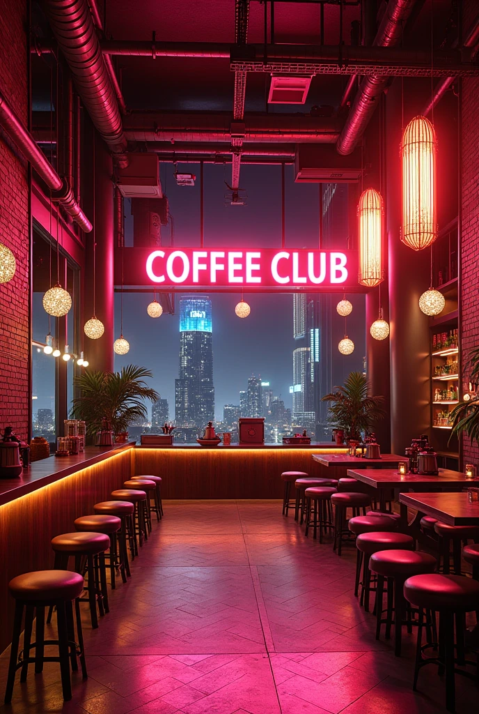 Create a cyberpunk themed coffee shop 