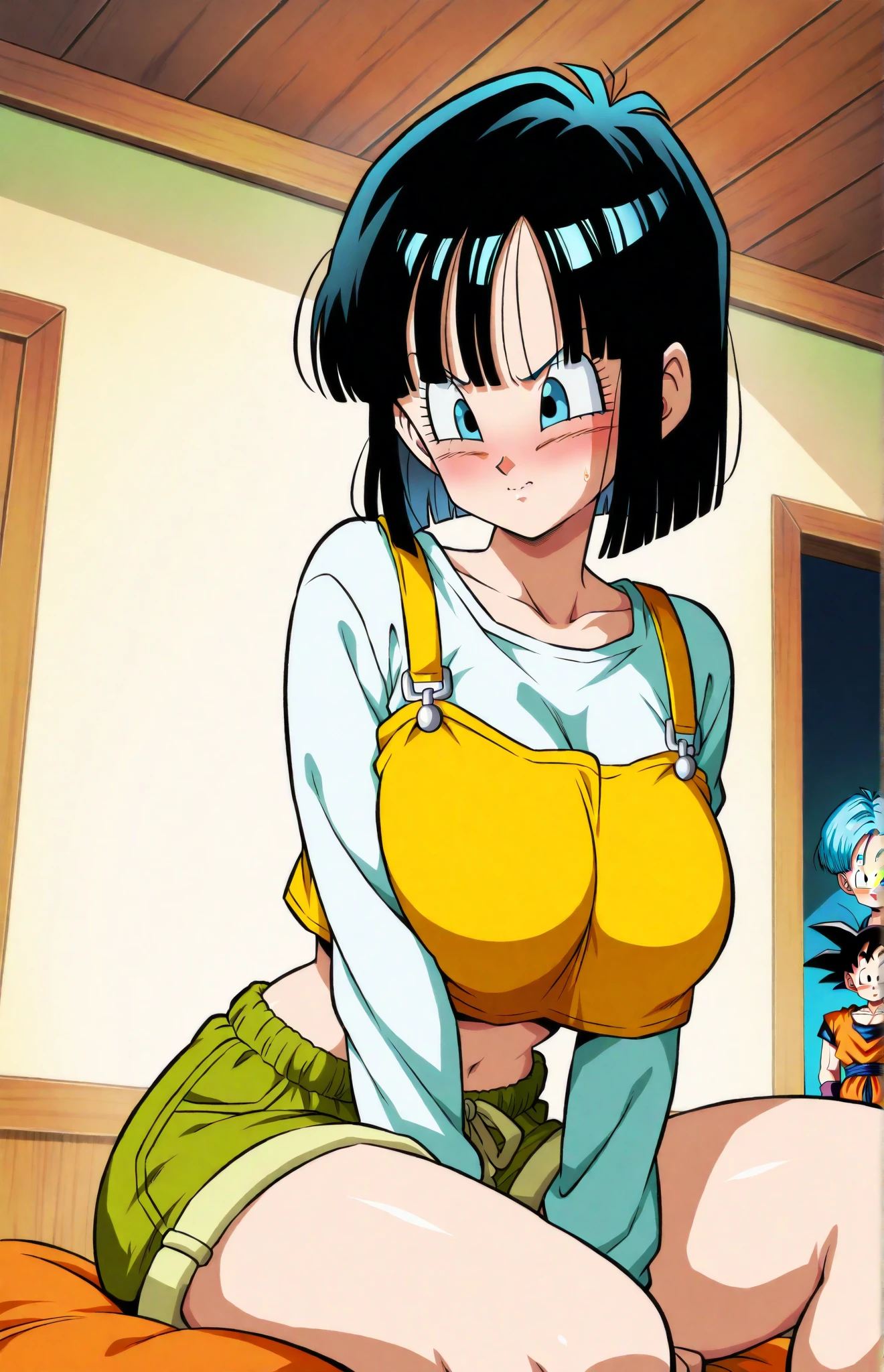 ultra detailed, masterpiece, best quality, solo, soft smile, light smile, Videl, Dragon Ball,
1girl, black eyes, black hair, long hair, big breast, big ass, white shirt,  confused face expresion, sin imperfecciones, dibujo perfecto,