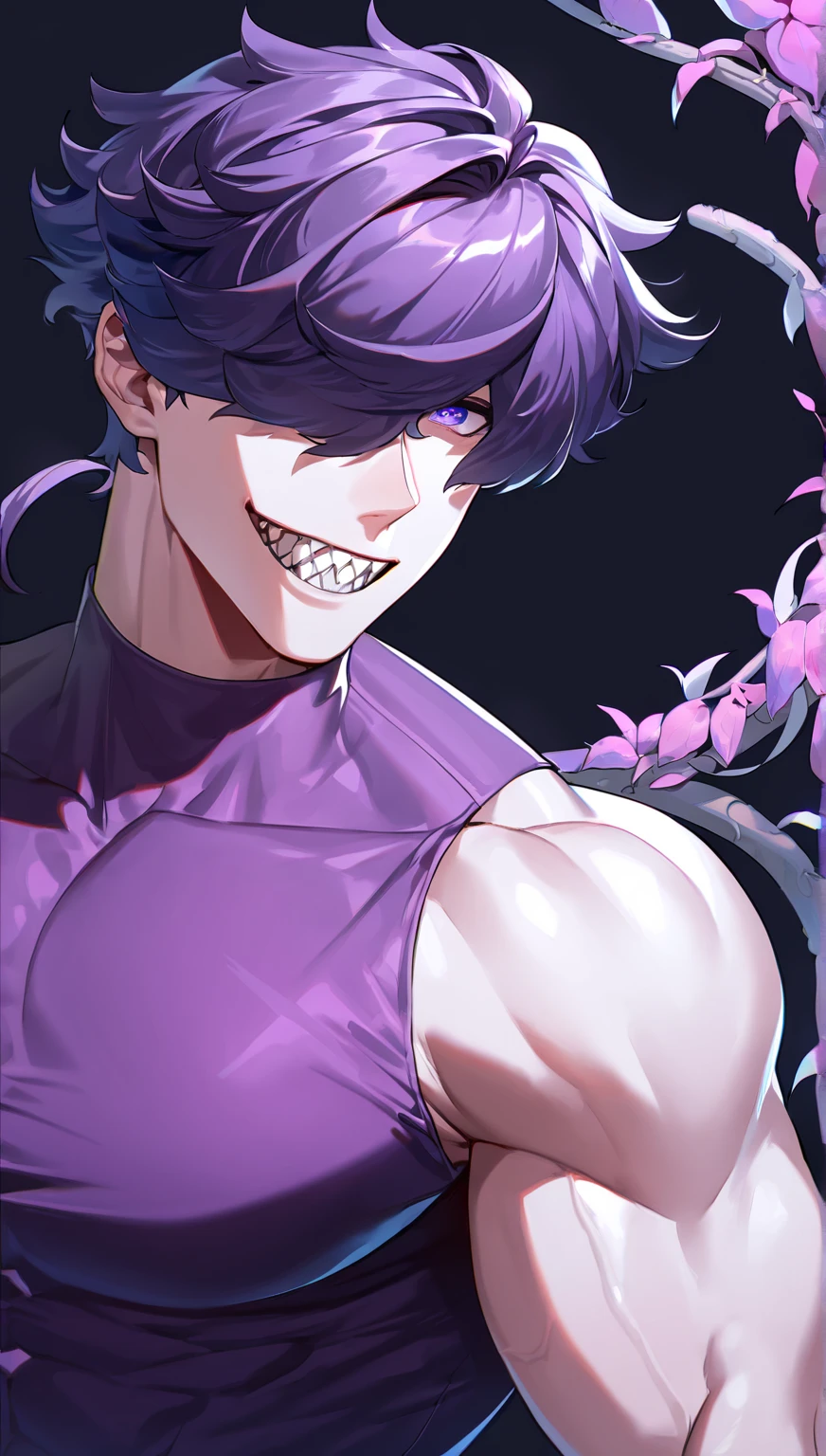 badass, antagonist, multicolored, dark hair, purple hair, pink pupil, 1boy, smug, smile, crazy, purple spellcast, suit