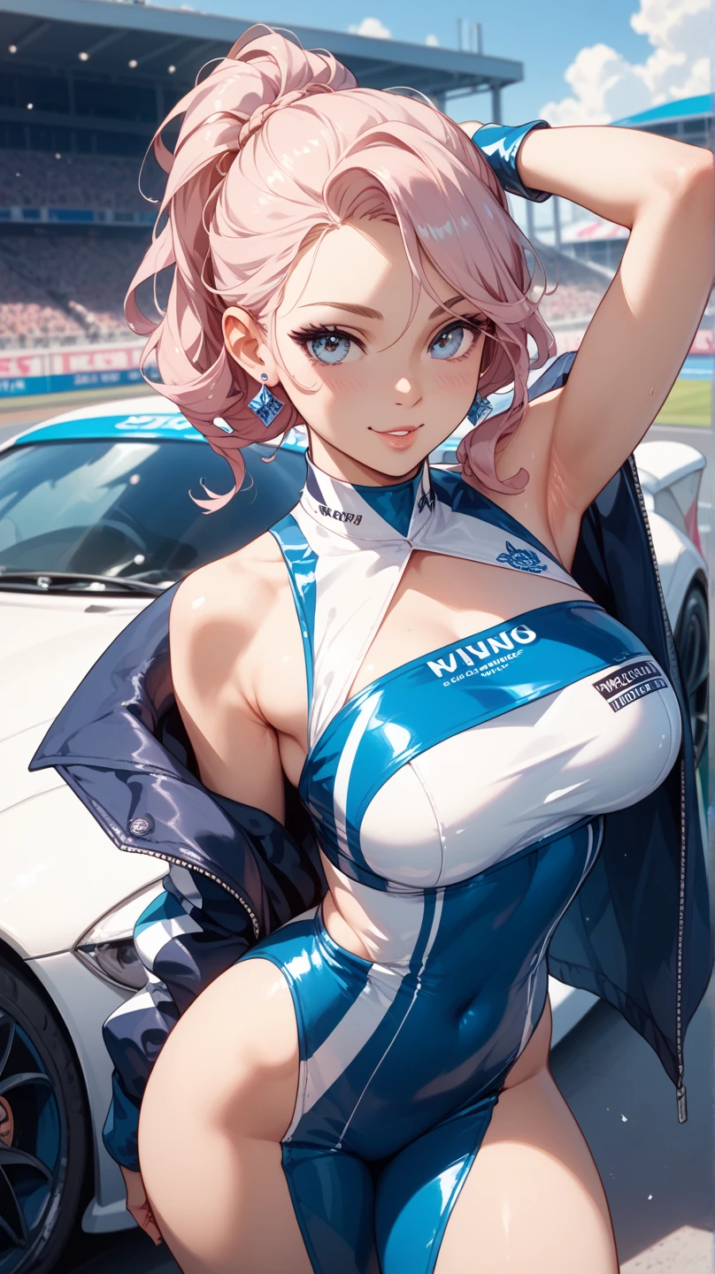 Highest quality、super high quality、16K, Breast size is random、Facial expressions are random、Location is random、 Hair color is silver hair、Pose standing、The distance is random、The angle is from the side、Small face、Very delicate facial expressions、Delicate eye depiction、Highly detailed hair、Erotic、18-year-old female、Glowing Skin、Soft Skin、The only sexy Japanese woman、Race queen outfit random、
