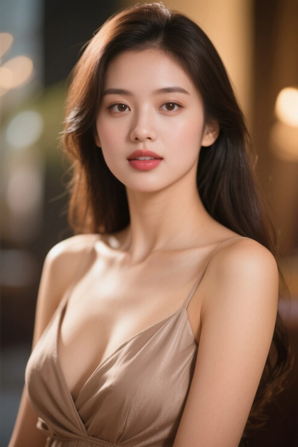 ulzzang-6500-v1.1,(masterpiece, highest quality:1.3), (Ultra-detailed 8K:1.2), (hyperrealistic:1.35),(Raw photo:1.2),highest quality, High resolution, wallpaper, realistic, (dramatic, Realistic painting art by Midjourney:1.3), BREAK 1girl, 16 yo,slender, Super beautiful, (brown hair, larger breasts: 1.3), (in a white silk slip, beautiful feet: 1.1), beautiful skin, beautiful eyes, detailed face, super delicate face, delicate eyes, double eyelid, smile, necklace, on the bed, hotel room, sexy position, leaning forward, cleavage, leaning forward, Cowgirl