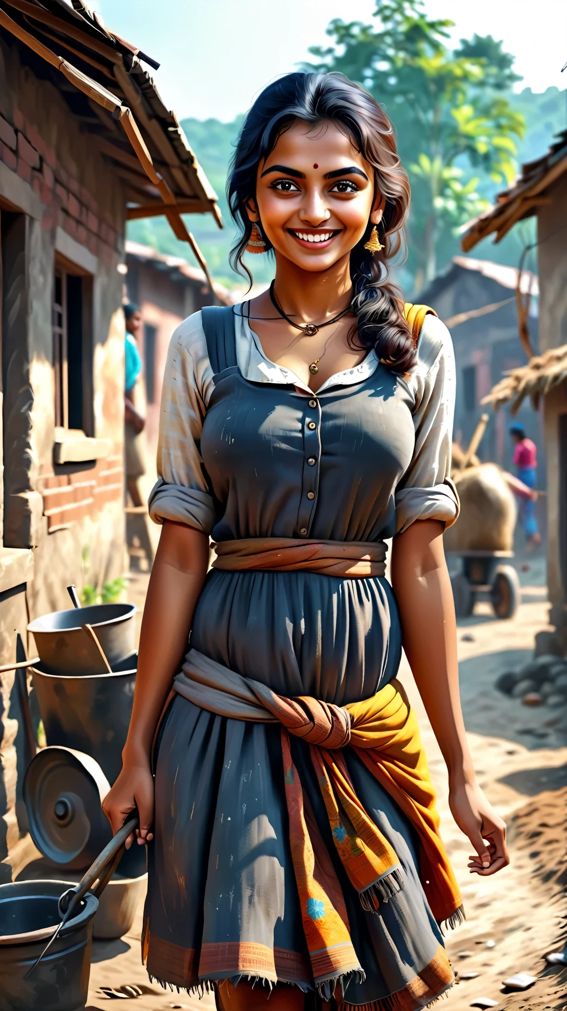 Dynamic photo of a ugly, bad looking girl(aiswarya Rai) smiling and helping of a labourer, at a village,  realistic cinematic style, 4k ultra HD quality in 3D