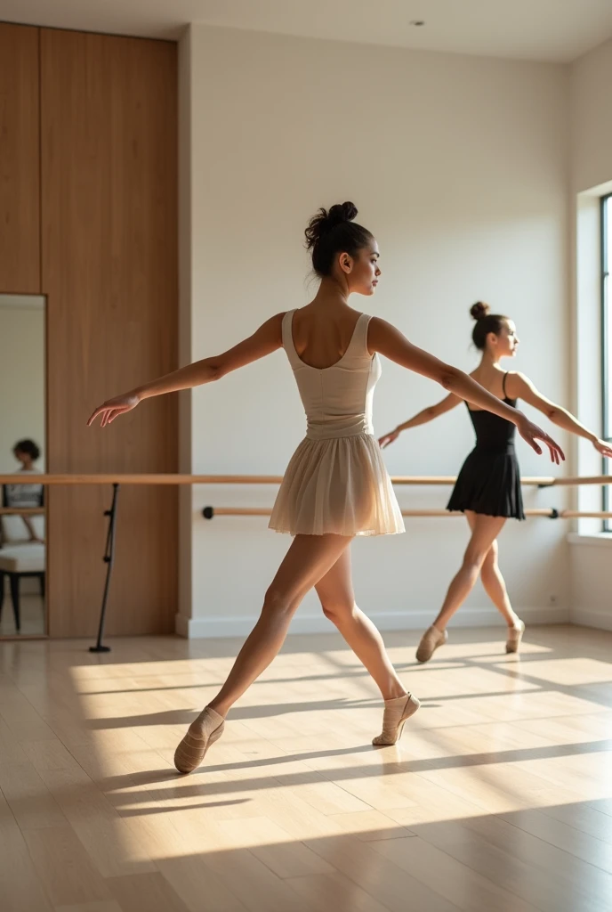 (conjoined_dicephalus), (2heads), 30-year-old French woman, shoulder-length hair, teaching a ballet class