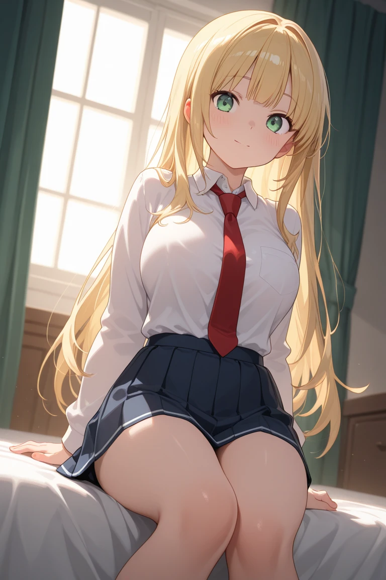 blonde, green eyes, ロングヘアー,blouse,red pleated skirt lift ,white side-tie panties,cameltoe