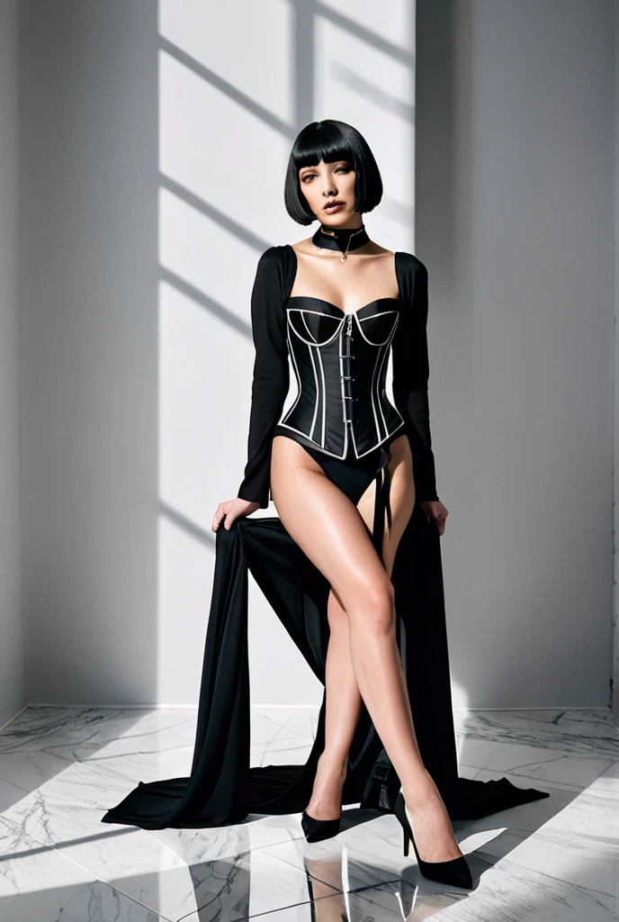 (1girl, solo, masterpiece, 4k, best quality:1.2, (cowboy shot), best quality:1.2, NICE HANDS, COLORFUL, (perfect hands, perfect anatomy)),
bbaqua, short hair, white hair, yellow eyes, medium breasts, dark skin, bare shoulders, black shirt, harness, corset, elbow gloves, black gloves, black shorts, black thighhighs, (arms up, hands behind head),
((medium breasts, big hips, looking at the viewer)),
((simple background, white background)), <lora:GoodHands-vanilla:0.7>