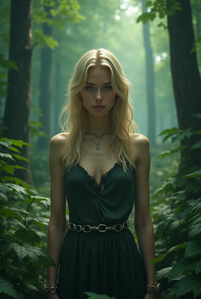 Sasha Pieterse, Alison DiLaurentis, Teen Wolf, 18 years old, long messy blonde hair, green eyes, long red dress, red and light gold belt, silver colored heart pendant, red rose flower print Forest background with fog around in black color.