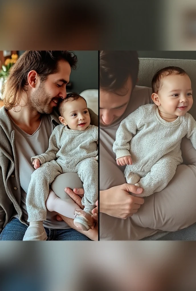 A 20-year-old beautiful boy with Brown skin, brown eyes, and curly brown hair is shown in a warm, cozy home setting. He is holding a young, cute baby on his lap, both of them sitting on a soft, textured blanket. The scene is ultra-realistic, with every detail being captured in 8k, high definition. The boy's clothes fit perfectly, the baby's tiny fingers curl around his thumb, and the blanket's fibers can be seen in close-up. The lighting is soft and inviting, creating a welcoming atmosphere. This heartwarming moment is a masterpiece, with every detail rightfully represented in the highest resolution and perfect clarity
